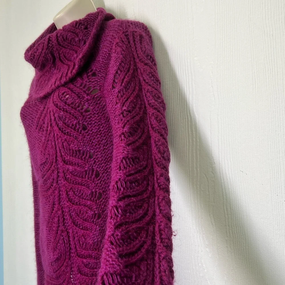 United Colors Of Benetton - Vintage Fuchsia Open Knit Turtleneck Sweater Size S - Picture 6 of 9